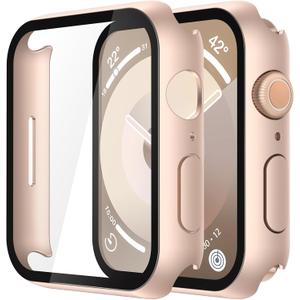 Misxi 2 Pack Tempered Glass Case Compatible for Apple Watch Series 9 Series 8 Series 7 45mm, Hard PC Screen Protector Overall Protection Scratch-Resistant Cover for iWatch, 1 Rose Gold + 1 Transparent