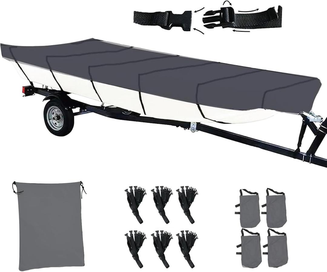 Jon Boat Cover 420D Solution-Dyed Oxford Fabric 14-16ft Heavy Duty Trailerable Jon Boat Cover Waterproof UV Resistant Marine Grade Reinforced Adjustable Side Straps, Grey