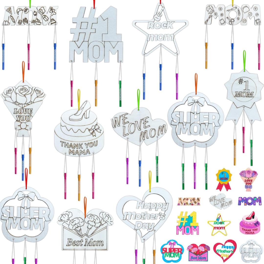 Mother’s Day Unfinished Wooden Wind Chimes Craft Ornaments - DIY Grandma's Holiday Wood Hanging Decorations for Home Kitchen Porch - Wooden Decor for Best Mom Ever Party Supplies, Set of 12