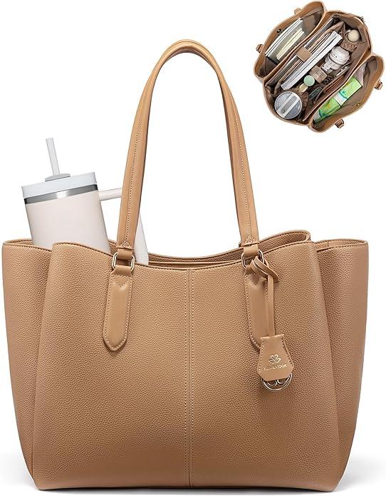 LOVEVOOK Laptop Tote Bag for Women 15.6 In Work Bags with Triple Compartments Large Faux Leather Computer Office Briefcase