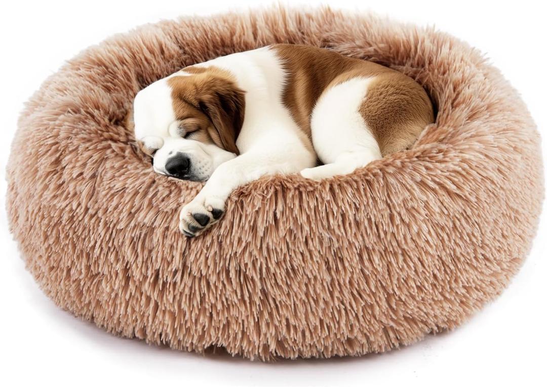 DUMOS Calming Donut Cat & Dog Bed for Medium Dogs, Machine Washable Cuddle Warming Cozy Fluffy Faux Fur Plush Round Dog Bed, Anti-Anxiety Waterproof Anti-Slip Pet Bed, Brown, 24248 Inches