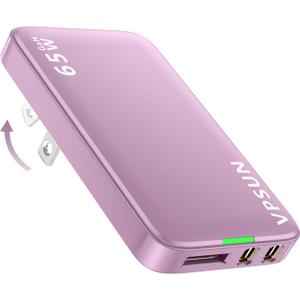 65W GaN USB C Wall Charger Block, 3 Port Ultra Thin Flat Charging Plug, Foldable Power Adapter for MacBook, iPhone 15/16, Samsung (Pink, 65w)