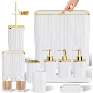 Bathroom Accessory Set - Bathroom Set, 12PC Bathroom Accessories Set, White Bathroom Accessories Set, Mini Trash Can, Toilet Brush, Trash Can & Soap Dispenser