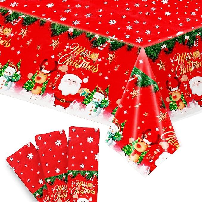 KatchOn, Red Plastic Christmas Tablecloth with Santa - 108x54 Inch, Pack of 3 | Vinyl Christmas Tablecloth | Christmas Table Cloth, Christmas Table Decorations | Happy Holiday Tablecloth for Christmas
