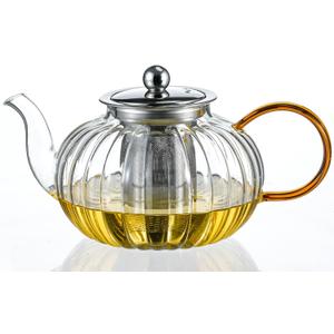 Glass Teapot 33.8oz/1000ml, Glass Tea Kettle with Removable Infuser, Pumpkin Shape Hand Blown Teapot for Blooming Flower Tea and Loose Leaf, Father's Day Gifts