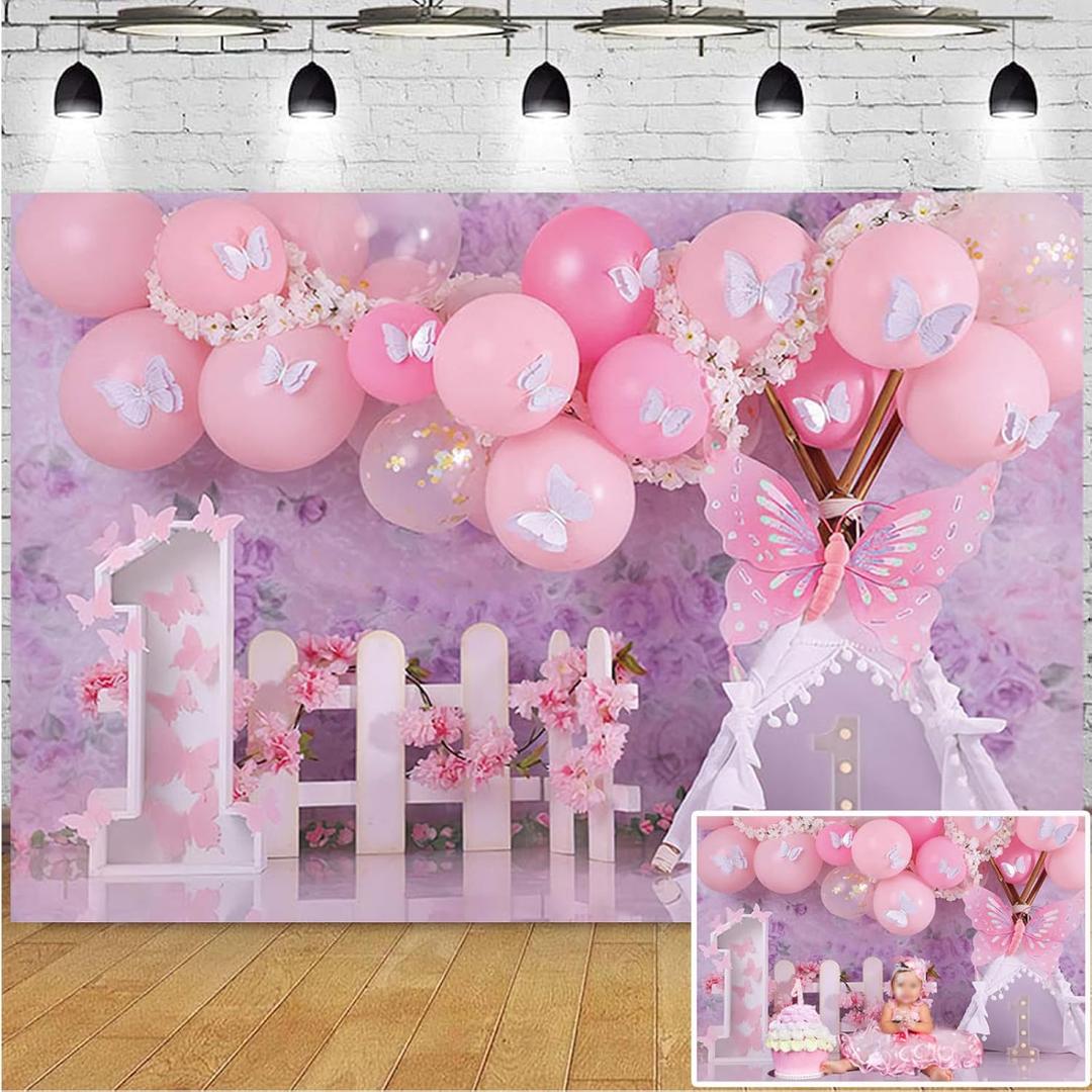 Pink Balloon Garden Floral Photography Background With Butterfly - Girls 1st Birthday Sweet One Wonderland Flowers Backdrop - Cake Smash Decor Banner, 7X5FT