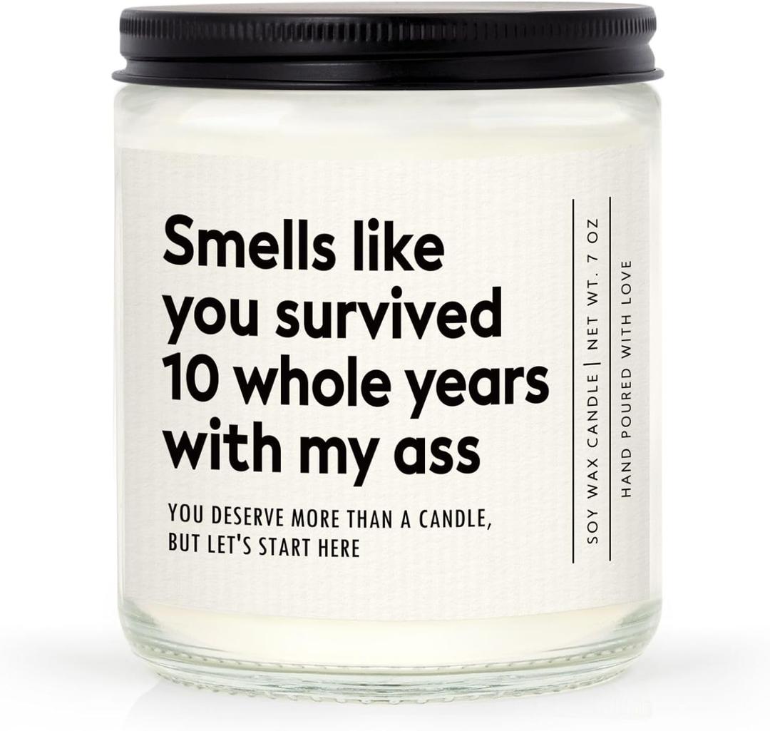 10 Year Anniversary Candle Gifts for Him Her Wife Husband, 10th Anniversary Funny Gifts, Aluminum/Tin Gift for 10 Year Wedding Anniversaries, Ten/Tenth Tin Anniv. Present, Lavender, Handmade