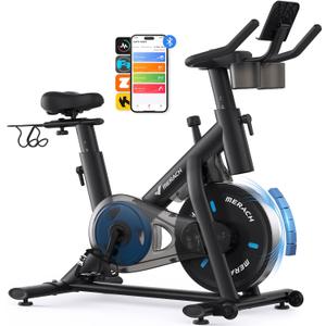 MERACH Exercise Bike, Brake Pad Stationary Bike with Exclusive App, Low Noise Indoor Cycling Bike with 300lbs Weight Capacity, Tablet Mount and Fitness Courses for Weight Loss (Magnetic-Black)