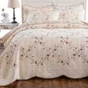 Quilt Set Classical 3D Floral Embroidery Pattern 3-Piece Cotton Reversible Quilted Embroidered Decorative Bedspreads Coverlet Bedding Set, Lightweight &Soft,Beige,King Size