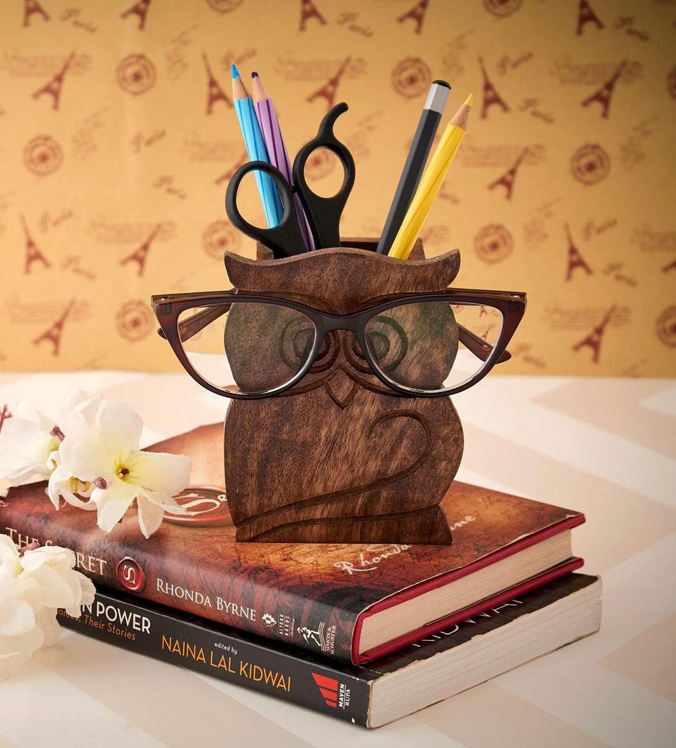 Mothers Day Gifts White Elephant Gifts for Adults Owl Design Rustic Wood Pencil Holder Pen Cup Spectacle Eyeglasses Holder Desk Caddy Organizer Office Supplies Accessories Gift Ideas Office Coworkers