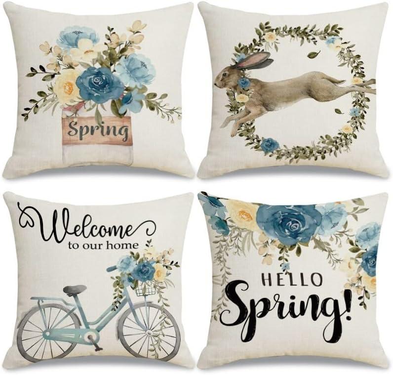 Easter Pillow Covers 18x18 Set of 4 Bunny Eucalyptus Leaves Decorations Truck Sweet Home Spring Farmhouse Pillow Covers,Polyester Cushion Case Gifts for Home Decor-Hello Spring