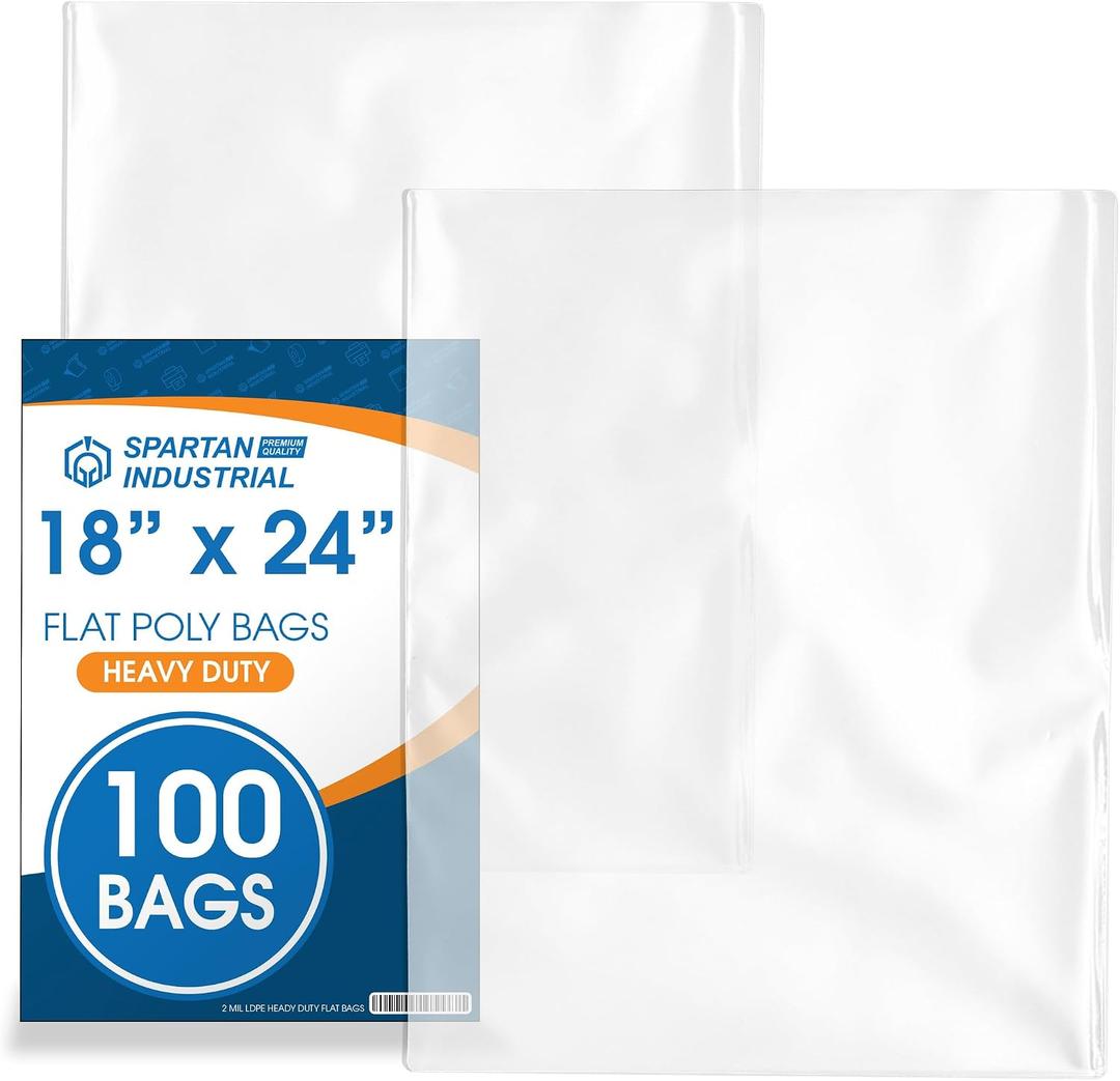 18" X 24" Open-End Flat Poly Bags (100 Count) - 2 Mil Plastic Clear Bags for Packaging, Shipping, Storage - No Adhesive Strip - Spartan Industrial