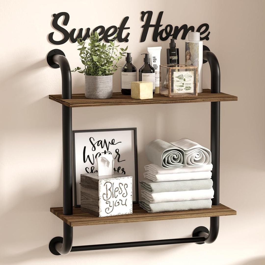 Bathroom Shelves Wall Mounted, Rustic Farmhouse Pipe Shelves, 2-Tier, Industrial Shelving, Floating Shelf Decor for Bathroom, Kitchen, Bedroom, Living Room Thanksgiving Day 17.3 inch (Brown)