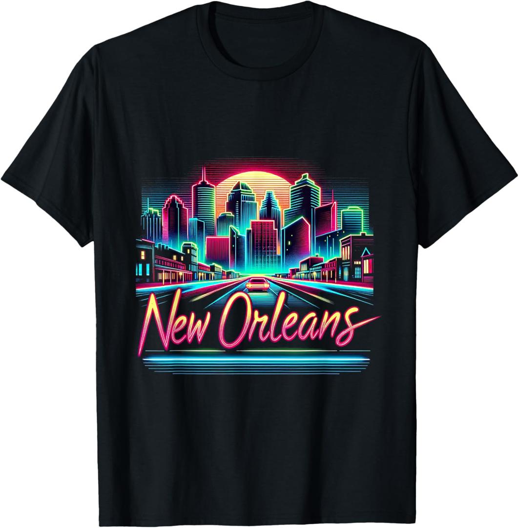 New Orleans Louisiana Shirt LA 80s 90s Retro City Skyline T-Shirt (Small)