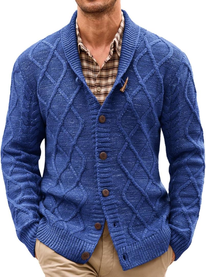 Runcati Mens Shawl Collar Cardigan Sweater Cable Knit Casual Button Down Twisted Fall Winter Sweaters, Blue