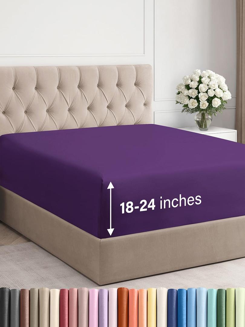 Extra Deep Full Fitted Sheet - Hotel Luxury Single Fitted Sheet Only - Easily Fits 18 inch to 24 inch Mattress - Ultra Soft, Wrinkle Free w/Extra Deep Pockets - Easy-Care, Breathable & Comfy - Purple