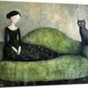 Woman Black Cat Canvas Wall Art Vintage Moody Green Sofa Feminine Decor painting Pictures Funny Girl Black Cat Posters Prints for living room Bathroom Bedroom Office Hallway Home Decoration, 24"L x 16"W