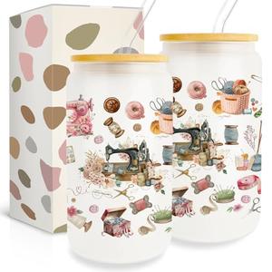Pfkfo Sewing Gift for Women Friends - 16 Oz Can Glass with Lid and Straw, Quilting Gifts for Quilters 1 pcs