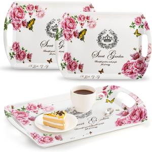 ZEAYEA 3 Pack Melamine Serving Tray, Large Serving Platter with Handle for Eating, 16" x 11.4" Rectangular Stackable Food Tray with Floral Print for Home, Party, Restaurant, Picnic
