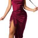 Women's Spaghetti Strap Satin Dress Sexy Backless Drawstring Ruched Split Hem Cocktail Evening Party (Red, L)