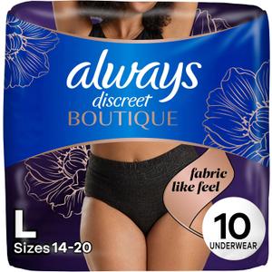 Always Discreet Boutique Incontinence and Postpartum Underwear for Women, Maximum Protection, Large, Black, 10 Count