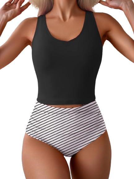 Eomenie Two Piece Tankini Swimsuits for Women Tummy Control Bathing Suits Cutout Back Swim Tank Top with High Waisted Bottom (XX-Large, Black Stripes)