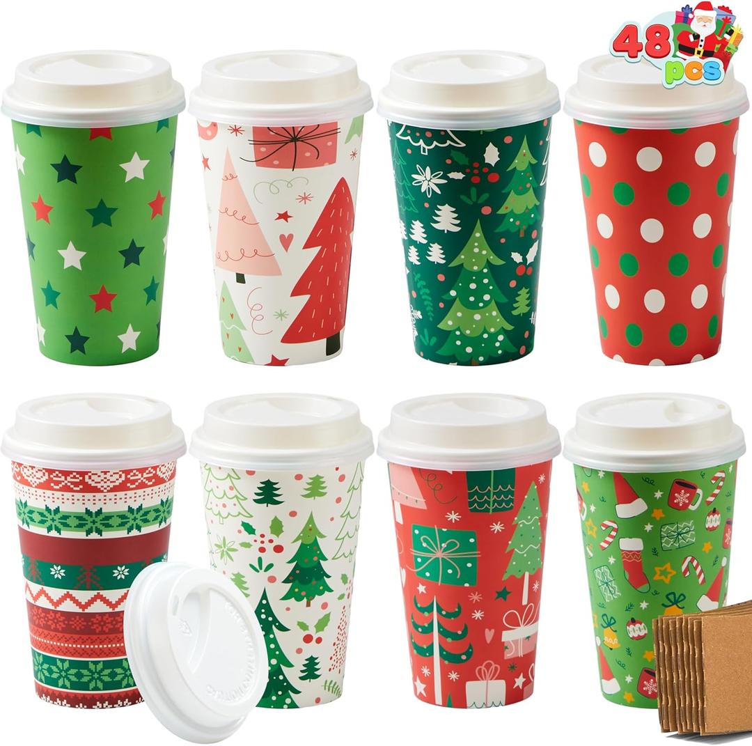 JOYIN 48 Pcs Merry Christmas Disposable Cups with Sleeves and Lids, 8 Designs Xmas Drinkware 16 oz Paper Cup For Hot Chocolate Coffee Cold Beverage Holiday Tableware Winter Party Supplies Favors
