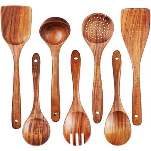 TeamFar Cooking Utensils, 7 PCS Natural Wood Kitchen Cooking Utensils Set, Wooden Spoons for Cooking, Heat Resistant Wooden Spoon Spatula Ladle, Smooth Teak for Nonstick Cookware, Comfortable Grip