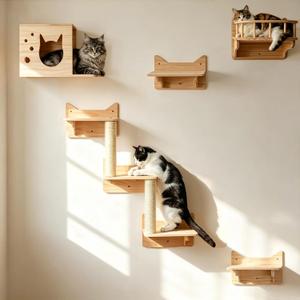 Cat Wall Shelves for Large Cats, 9PCS Solid Pine Cat Wall Furniture Set with House, Ladder Steps & Sisal Scratching Posts, Sturdy Mounted Climbing Shelves for Indoor Cats