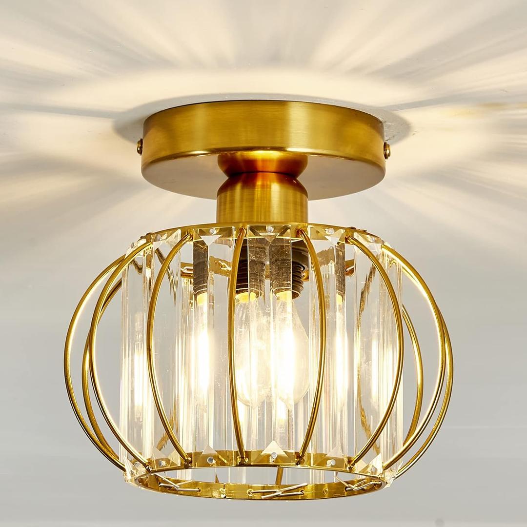 YYJLX Crystal Semi Flush Mount Ceiling Light Fixture E26 Mini Antique Gold Chandelier Small Ceiling Lamp for Entryway Bedroom Bathroom Hallway Closet Foyer