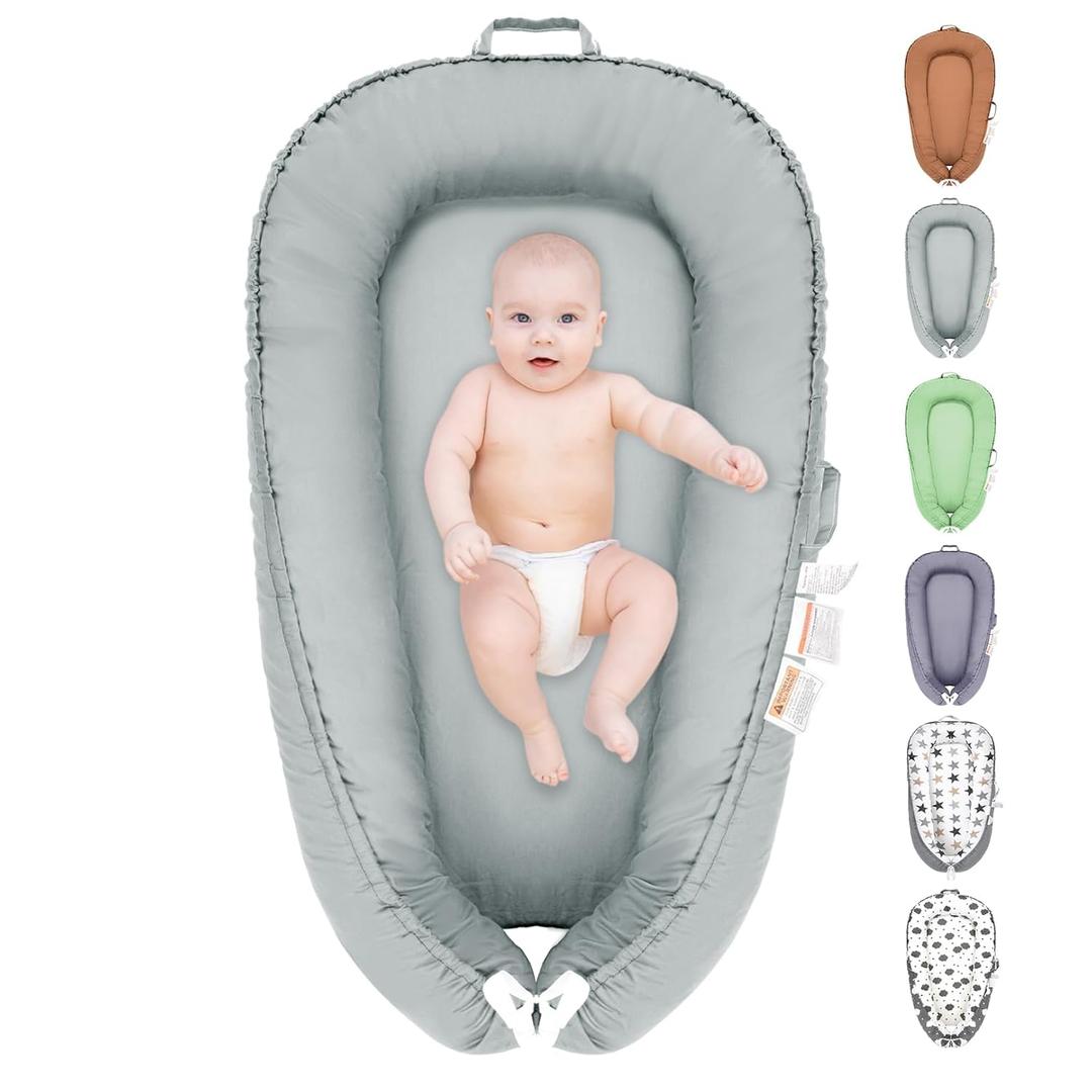 Baby Lounger, 100% Cotton Newborn Lounger for 0-24 Months, Co Sleeping Breathable & Soft Baby Nest, Infant Lounger Baby Floor Seat, Portable Lightweight Lounger Newborn Babies Essentials(Light Gray)