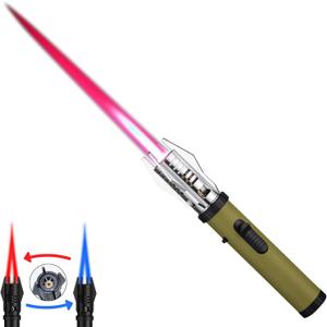 Torch Lighter, Bright Fire Lighter with Safety Lock and Adjustable Red/Blue Flame, Refillable Butane Gas Windproof Jet Flame Cool Lighters, for Candles Campfires BBQ Baking, Camping, Gift (Green)