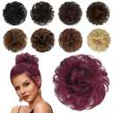 FESHFEN Human Messy Buns - 100% Human Hair Bun Real Scrunchies Hair Pieces Ponytail Extensions Wavy Tousled Updo Chignon Hairpieces for Women, Wine Red