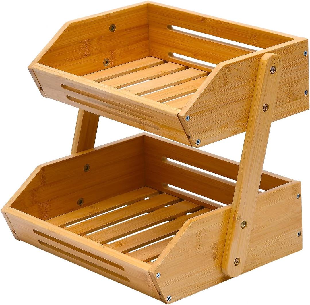 Fruit Basket, 2 Tier Bamboo Fruit Basket for Kitchen, 11" Tall Fruit Stand Storage Holder, Heavy Duty/Large Capacity for Vegetables, Fruit, and Snack, 15 mm Thickness (Self-assembly) (Natural)