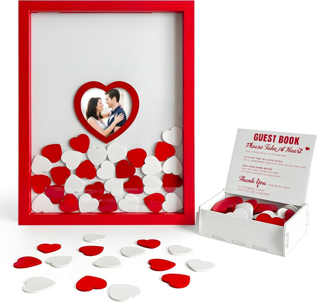Wedding Guest Book Alternative for Reception with Hearts Guest Book Wedding Reception a Frame Sign Decor Books Recuerdos para Boda Baby Scrapbook Wooden Frames (Blue) (Red)