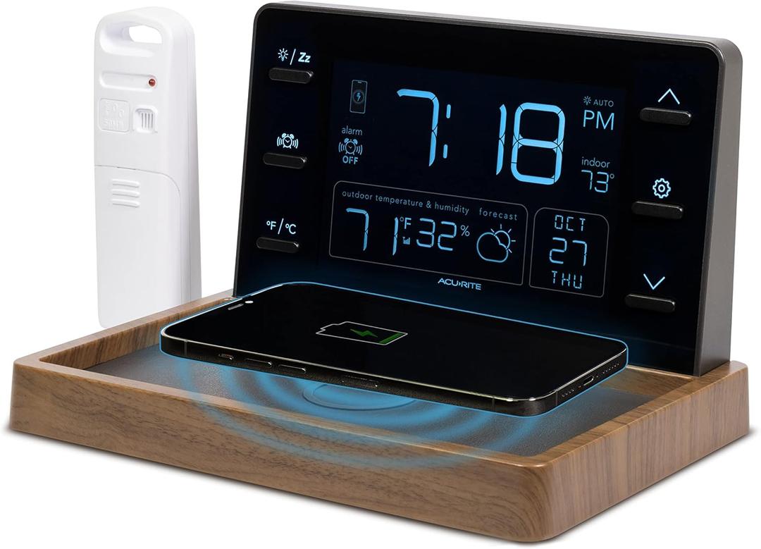 AcuRite Weather Valet with Qi-Certified Wireless Charging Pad, Auto-Dimming LCD Screen, Alarm Clock, Hyperlocal Forecast, Outdoor Temperature and Humidity Measurements, Indoor Temperature Reading (Faux Walnut Finish)