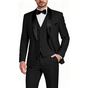 Men's Slim Fit 3-Piece Tuxedo Set, One Button Shawl Collar Jacket Vest Pants for Party, Business and Wedding (Black, L) Men's Slim Fit 3-Piece Tuxedo Set, One Button Shawl Collar Jacket Vest Pants for Party, Business and Wedding (Black, L)