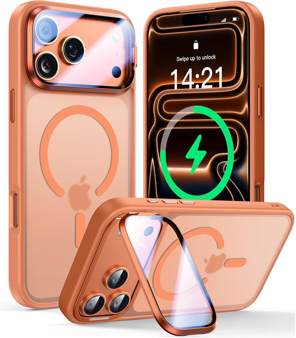 VOFATA [Upgraded Full Camera Protection] for iPhone 17 Pro Case with Camera Cover Stand [Fit for MagSafe][10FT Mil-Grade Protection] Translucent Magnetic iPhone 17 Pro Phone Case, Orange