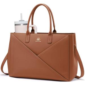 LOVEVOOK Laptop Tote Bag for Women with Large Cup Holder, 15.6 Inch PU Leather Work Bag Teacher Tote Bag, Waterproof Computer Bags Business Office Briefcase Handbag (Brown)