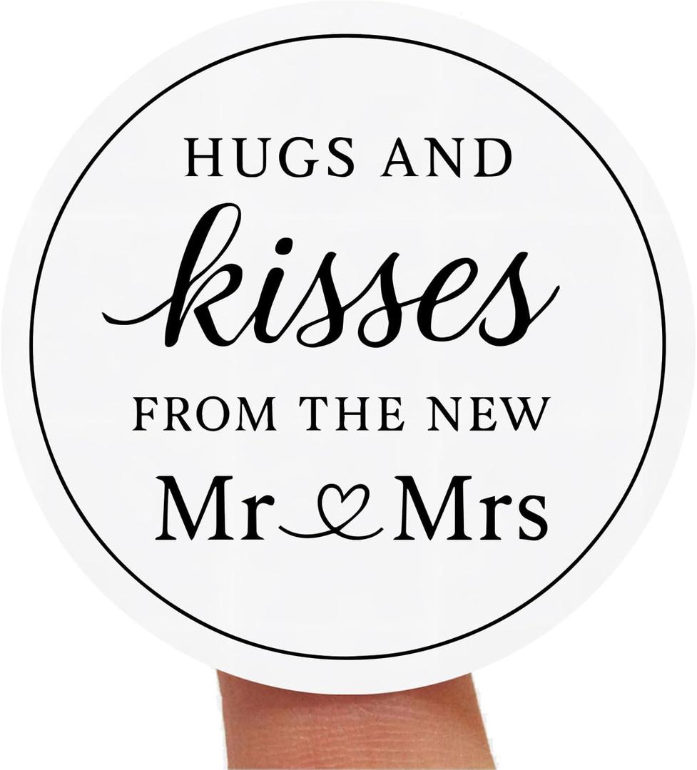 120 x Hugs and Kisses from The New Mr and Mrs Stickers, Wedding Thank You Favor Stickers, 1.6" Round Bridal Shower Candy Favor Labels (White)