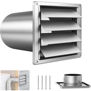 6'' Wall Vent Cover with Extended air Pipe and Metal Mesh Screen, Dryer Exhaust Vent Cover with Louvre,Exterior Exhaust Vent for AC and Range Hood, Includes Mounting Screws