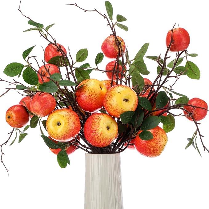  17.72 Inches Artificial Fake Apple Branches Realistic Tall Apple Bouquets Tree Branch with Long Stem and Green Leaves Fruit Plant for Home Office Vase Filler Shop Decoration