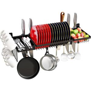 Adjustable Stainless Steel Wall Mounted Over the Sink Dish Drying Rack, Large Capacity Pot Rack Dish Rack with Utensil Holder for Kitchen Storage Organizer Patent Pending (Black)