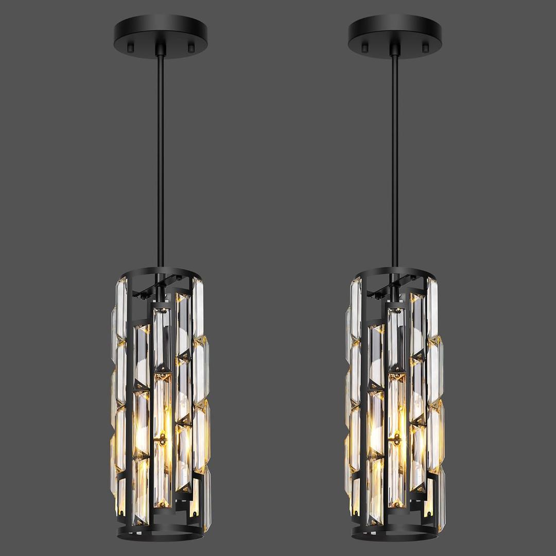 Black Pendant Lights Kitchen Island 2 Pack, Mini Crystal Chandeliers with Adjustable Height, Modern Pendant Lights Ceiling Lighting Fixtures for Kitchen Island, Dinning Room, Bedroom
