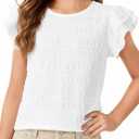 Girls Ruffle Shirt Cute Summer Smocked Cap Sleeve Tops Basic Casual Tees White 9-10 Years (White)
