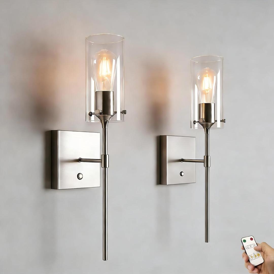Battery Operated Wall Sconce with Remote Control Set of 2, Dimmable Wall Light Fixture Rechargeable, Nickel Wireless Wall Mount Lamp for Living Room Bedside Hallway Lounge, Bulb Included