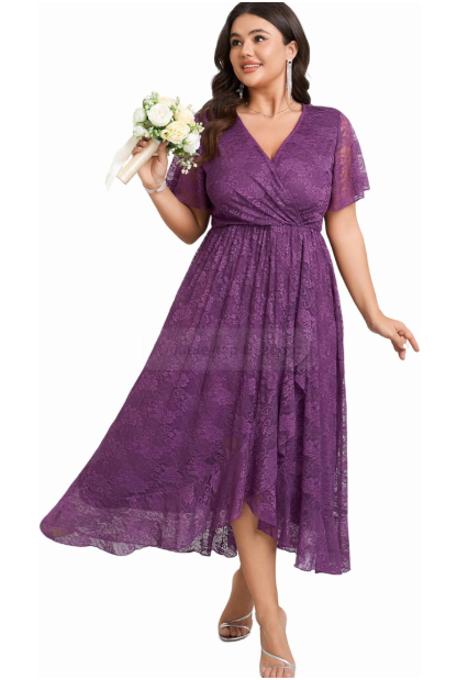 SCOMCHIC Womens Plus Size Wedding Guest Dress Formal Lace Wrap V Neck High Low Short Sleeve Cocktail Maxi Dresses L