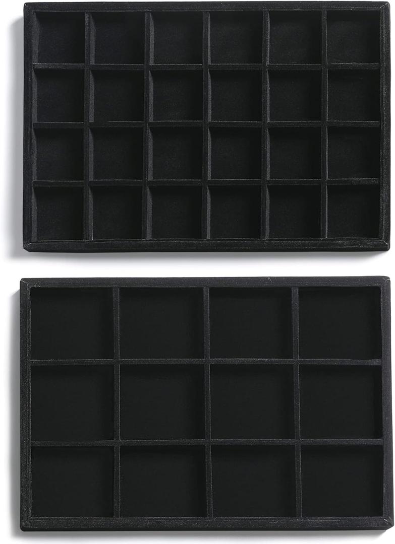 Frebeauty Stackable Velvet Jewelry Organizer Trays for Drawers Inserts Jewelry Storage Tray Display Case, Stud Earrings Bracelets Necklace Rings Accessories Trays for Women (Set of 2 Black)