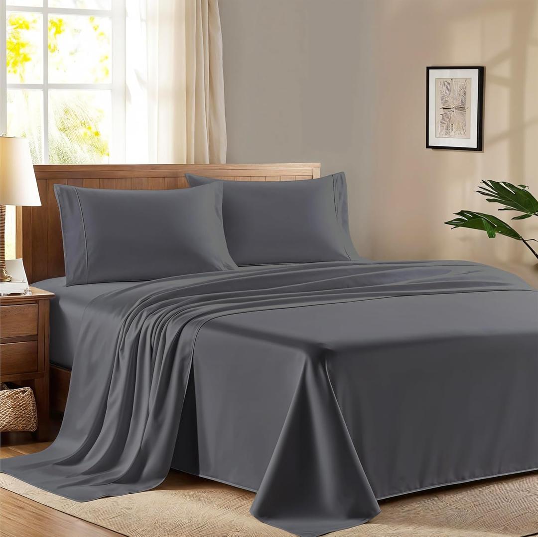 Ashton Sheets 100% Egyptian Cotton King Size Sheet Set - 600 Thread Count Egyptian Cotton Sheets Set for King Size Bed (4 Pc, Dark Grey), Soft, Cooling, Luxury Hotel 16" Deep Pocket Sateen Bedsheet