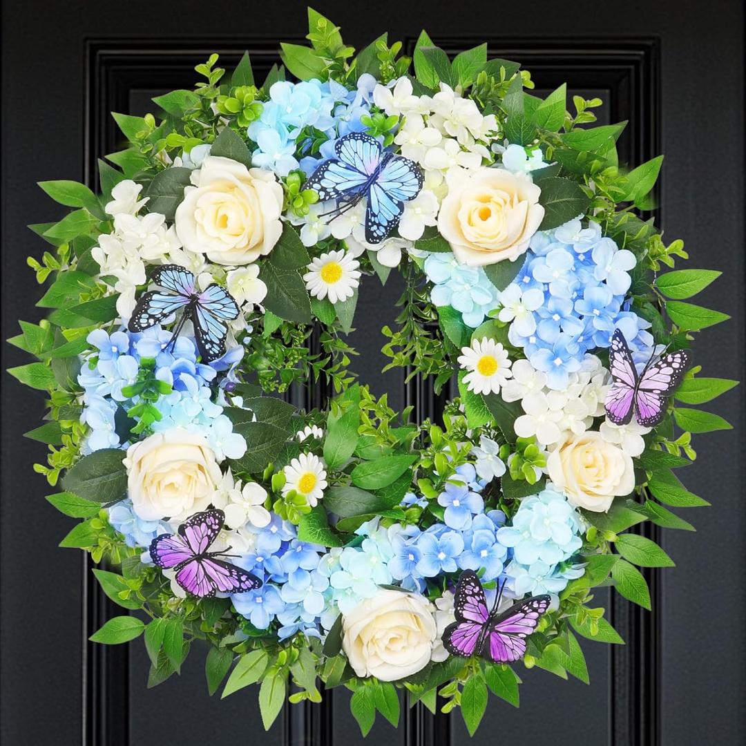 [Lighted & Timer] 24" Spring Summer Wreaths for Front Door Blue Hydrangea Wreath with Lights Butterfly Rose Daisies Artificial Floral Wreath for Home Wall Window Farmhouse Wedding Indoor Outdoor Decor